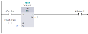 CTD counter rung: Part_Out decrements C6 on each rising edge; Batch_Start loads the initial batch quantity via the LD input.