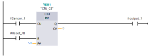 CTU counter rung: Sensor_1 increments C5 on each rising edge; a separate reset rung (bottom) clears the count via the R input.