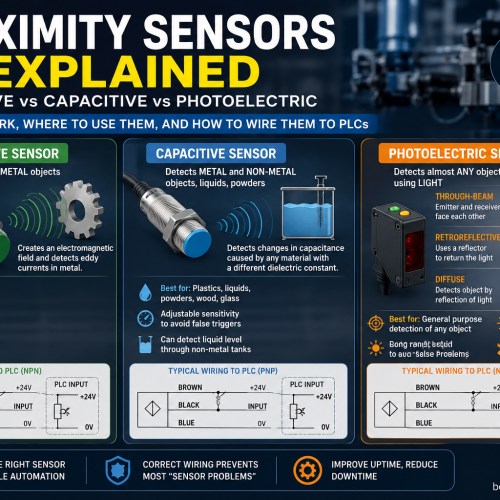 Proximity Sensors Explained: Inductive vs Capacitive vs Photoelectric Inductive, capacitive, and photoelectric sensors all answer the same basic question — is something there? — but they sense completely different physical properties, and picking the wrong type is one of the most common causes of unreliable machine behavior on the plant floor. Almost every automated machine is full of small, unassuming cylinders and rectangles wired back to a PLC input — proximity sensors, quietly answering the one question that most of industrial control comes down to: is something there, yes or no? What's easy to miss, especially for anyone new to controls, is that "proximity sensor" isn't one technology. Inductive, capacitive, and photoelectric sensors detect entirely different physical properties, and each one has applications where it excels and applications where it will fail in ways that look, to an untrained eye, exactly like a broken sensor. This guide walks through how each sensor type actually works at a physical level, where each one is the obviously right choice, and how to wire a sensor's output correctly to a PLC input card — because a surprising number of "the sensor is broken" maintenance calls turn out to be an NPN sensor wired to a PNP-expecting input, not a hardware failure at all. What a Proximity Sensor Actually Detects A proximity sensor, broadly defined, detects the presence or absence of an object without physical contact — no lever, no plunger, no mechanical wear. That's the entire shared definition. Beyond it, the three common types diverge completely in what physical property they're actually measuring: inductive sensors detect a target's effect on an electromagnetic field, capacitive sensors detect a target's effect on an electric field, and photoelectric sensors detect a target's interruption or reflection of a light beam. Because they sense different properties, they're suited to detecting different kinds of targets. Inductive sensors only respond to metal. Capacitive sensors respond to almost anything with enough mass or a different dielectric constant than air, including liquids, powders, and plastics. Photoelectric sensors respond to essentially anything that blocks or reflects light, regardless of material, which makes them the most universally applicable of the three but also the most affected by environmental conditions like dust, mist, or ambient light. Inductive Sensors: How Eddy Currents Detect Metal An inductive proximity sensor works by generating a high-frequency oscillating magnetic field at its sensing face, produced by a coil inside the sensor. When a metallic object enters that field, the changing magnetic flux induces small circulating currents in the metal's surface — eddy currents — and those eddy currents draw energy out of the sensor's oscillating field, damping its amplitude. The sensor's internal circuitry watches for that damping and switches its output when the amplitude drop crosses a threshold, which corresponds to a metal target being within range. Because the physical mechanism depends on inducing eddy currents, inductive sensors respond only to metal, and not equally to all metals — ferrous metals like steel typically give the sensor's full rated sensing range, while non-ferrous metals like aluminum, brass, and copper reduce the effective range, sometimes by 30-50%, because they conduct the induced eddy currents differently. This is why an inductive sensor's datasheet range is often specified for mild steel, with a correction factor table for other metals. Inductive sensors are the default choice for detecting metal machine parts directly: a cylinder rod at the end of its stroke, a gear tooth passing a fixed point for speed sensing, a metal pallet or fixture in a conveyor system, or a bolt head confirming a fastener is present. They're rugged, immune to non-metallic contaminants like oil, dust, and coolant on the sensing face, and have no moving parts to wear — which is exactly why they've become the default limit-switch replacement in most modern machine design. Capacitive Sensors: Detecting Non-Metallic and Liquid Targets A capacitive sensor works on a different principle entirely: its sensing face forms one plate of a capacitor, with the surrounding environment (air, normally) acting as the dielectric between that plate and a virtual second plate. When a target material enters the sensing field, it changes the effective dielectric constant of that space, which changes the sensor's internal capacitance. The sensor's oscillator circuit is tuned to start oscillating once that capacitance shift crosses a threshold, and that oscillation is what triggers the output. Because capacitance depends on dielectric constant rather than metallic conductivity, capacitive sensors can detect materials that would be completely invisible to an inductive sensor: plastic pellets in a hopper, wood, glass, granular powders, and — notably — liquids and liquid levels through a non-metallic container wall, since most liquids (especially water-based ones) have a dielectric constant dramatically higher than air and register strongly. This liquid-sensing capability is the standout application: a capacitive sensor mounted against the outside of a plastic tank can detect the liquid level inside without any port, seal, or wetted part at all, which is enormously useful for corrosive or hygienic liquids where a wetted sensor would be a maintenance and contamination liability. The tradeoff is that capacitive sensors are inherently less precise and more sensitive to environmental interference than inductive sensors — humidity, temperature, and even a buildup of dust or residue on the sensing face can shift the baseline capacitance enough to cause false triggers, so most capacitive sensors include a sensitivity adjustment specifically to tune out that kind of background drift. Photoelectric Sensors: Through-Beam, Retroreflective, and Diffuse Photoelectric sensors use a light source — almost always infrared or visible LED, occasionally laser for precision applications — and a receiver, and detect a target based on how it interrupts or reflects that light. Unlike inductive and capacitive sensors, "photoelectric" isn't one sensing arrangement but three genuinely different configurations, each with its own tradeoffs. Through-Beam A through-beam sensor uses two separate units — an emitter and a receiver — mounted facing each other, often several meters apart, with the target passing between them. Detection happens when the target physically blocks the beam. This arrangement gives the longest sensing range and the highest reliability of the three configurations, since it doesn't depend on the target's reflectivity at all, only on it being opaque enough to block the beam. The tradeoff is installation complexity and cost: two separate units need to be mounted, aligned, and wired on opposite sides of the target's path, which isn't always physically practical. Retroreflective A retroreflective sensor puts the emitter and receiver in a single housing and relies on a separate reflector — a specialized prismatic reflector, not just any shiny surface — mounted on the opposite side of the target's path to bounce the beam back. Detection happens when the target interrupts the beam on its way to or from the reflector. This gets most of through-beam's reliability with only one active unit to wire, at the cost of needing a reflector installed and kept clean and aligned. Diffuse (Direct Reflective) A diffuse sensor also combines emitter and receiver in one housing, but has no reflector at all — it relies on the target itself scattering enough light directly back to the receiver. This is the simplest and cheapest configuration to install, since it needs nothing mounted on the far side of the target, but it's also the most target-dependent: a matte, light-colored target reflects well and gives good range, while a dark, glossy, or angled target can scatter far less light back and dramatically shorten the sensor's effective range, sometimes unpredictably. Diffuse sensors work best in applications where the target material and orientation are reasonably consistent. Choosing the Right Sensor for Your Application Sensor Type Detects Typical Application Inductive Metal targets only (ferrous best, non-ferrous reduced range) Cylinder position, metal part/fixture detection, gear-tooth speed sensing Capacitive Almost any material: plastics, powders, liquids, glass, wood Liquid level through a tank wall, hopper/bin level, non-metallic part detection Photoelectric (through-beam) Any opaque target, longest range, most reliable Long-range object counting, safety light curtains, large gaps between mounting points Photoelectric (retroreflective) Any opaque target, single-side mounting Conveyor product detection where a reflector can be mounted opposite Photoelectric (diffuse) Reflective-enough target, shortest reliable range Simple part-present detection where target material is consistent As a practical starting point: if the target is metal and the application is a simple mechanical position check, default to inductive — it's the most rugged and contamination-resistant option. If the target is a liquid, powder, or non-metallic material, capacitive is usually the only one of the three that will work at all. If the application needs long range, high reliability, or the target material varies, lean toward photoelectric, and pick through-beam or retroreflective over diffuse whenever mounting a second component is practical, since both are meaningfully more reliable than diffuse sensing. NPN vs PNP Output: Matching Sensor to PLC Input Almost all industrial proximity sensors are wired as three-wire DC devices: power, ground, and a switched output. That output is built around a transistor, and it comes in two electrically incompatible flavors — NPN and PNP — that describe how the sensor switches the signal line relative to the supply. An NPN sensor is a sinking output: when the sensor detects a target, its output transistor connects the signal wire down to the 0V (common) rail, pulling the signal line low. A PLC input wired for this needs to supply its own current that flows from the input, through the sensor, down to ground — meaning the PLC input card itself must be a sourcing input, since it's sourcing the current the sensor sinks. A PNP sensor is a sourcing output: when the sensor detects a target, its output transistor connects the signal wire up to the +DC supply rail, pushing the signal line high. The matching PLC input needs to be a sinking input, accepting current sourced from the sensor and sinking it to ground internally. This is the single most common wiring point of confusion in the field, and the rule to remember is that the sensor and the PLC input are always opposite terms describing the same current path: a sourcing (PNP) sensor needs a sinking PLC input, and a sinking (NPN) sensor needs a sourcing PLC input. Many PLC input cards, especially in North America, are wired as sinking inputs by convention, which is why PNP sensors are the more common default choice in that market; European machine-building convention has historically leaned NPN, though this varies by industry and manufacturer. PNP (sourcing) sensor -> sinking PLC input +24VDC —- Sensor(+) 0V —- Sensor(-) Sensor OUT —- PLC Input (switches +24V to the input when active) PLC Input Common —- 0V NPN (sinking) sensor -> sourcing PLC input +24VDC —- Sensor(+) 0V —- Sensor(-) Sensor OUT —- PLC Input (switches 0V/ground to the input when active) PLC Input Common —- +24VDC If a sensor's LED is confirmed to be switching correctly (it lights up when the target is present, or vice versa depending on normally-open/normally-closed configuration) but the PLC never sees the input change state, the very first thing to check — before assuming the sensor or the PLC card has failed — is whether the sensor's output type matches the input card's sinking/sourcing configuration. This single check resolves an outsized share of "intermittent" or "dead" sensor complaints. Sensing Range and Target Material Considerations Every proximity sensor's datasheet lists a rated sensing distance, but that number is measured under a specific reference condition, and real-world performance varies based on the target. ●Inductive sensors: rated range is specified for a standard mild steel target of a defined size (often equal to the sensor's own diameter); smaller targets, non-ferrous metals, and targets offset from center all reduce the effective range, sometimes substantially. ●Capacitive sensors: rated range depends heavily on the target's dielectric constant; water-based liquids and other high-dielectric materials give strong, long-range detection, while low-dielectric plastics may need the sensor mounted much closer or its sensitivity increased. ●Photoelectric sensors: rated range depends on target color, surface finish, and angle for diffuse sensors especially — a dark, matte, or angled target can cut effective range dramatically compared to the light-colored flat target used in datasheet testing, while through-beam range is largely unaffected by target reflectivity since it only needs to block the beam. When a sensor's real-world performance falls noticeably short of its datasheet range, checking the target material and mounting geometry against the sensor's rated test conditions is usually a faster diagnostic step than assuming the unit is faulty. Common Sensor Wiring Mistakes That Look Like Sensor Failure ●NPN/PNP mismatch — by far the most common: a correctly functioning sensor wired to an incompatible input type never registers, and the sensor gets blamed and replaced when nothing was wrong with it. ●Normally-open vs normally-closed confusion — many sensors are configurable or ordered as either NO or NC; wiring or programming logic that assumes the wrong one produces inverted behavior that looks like a stuck or failed sensor. ●Insufficient target size or offset for inductive sensors — mounting a sensor to detect a target smaller than its rated reference target, or off to one side of the sensing face, can produce a marginal, intermittent detection that looks like a flaky sensor rather than a mounting geometry issue. ●Capacitive sensitivity left at factory default — a capacitive sensor's sensitivity potentiometer often needs field adjustment for the specific target and mounting condition; left at default, it may false-trigger on background material (like a tank wall) or fail to trigger on the intended target. ●Dirty or misaligned photoelectric optics — a receiver lens fogged with mist, dust, or oil, or a retroreflective reflector nudged out of alignment, produces intermittent or degraded detection that's easy to misdiagnose as an electronic fault rather than a cleaning or alignment issue. FAQ: Proximity Sensor Questions Answered What is the difference between inductive and capacitive sensors? Inductive sensors detect metal targets by sensing eddy currents induced in the target by an oscillating magnetic field, so they only respond to metal. Capacitive sensors detect a target's effect on an electric field's dielectric constant, so they can sense almost any material with enough mass or a different dielectric than air, including plastics, powders, and liquids. Can a capacitive sensor detect liquid? Yes — capacitive sensors are commonly used to detect liquid level, often mounted against the outside of a non-metallic tank wall with no wetted parts at all. Most liquids, especially water-based ones, have a dielectric constant well above air's, which gives a strong, reliable capacitance shift for the sensor to detect. What is the difference between NPN and PNP sensors? NPN sensors have a sinking output, switching the signal line down to ground (0V) when active, and require a sourcing PLC input. PNP sensors have a sourcing output, switching the signal line up to the supply voltage when active, and require a sinking PLC input. The sensor and PLC input types must be complementary, not identical, for correct wiring. What is an eddy current in an inductive sensor? An eddy current is a small circulating electrical current induced in a conductive metal target when it enters an inductive sensor's oscillating magnetic field. These currents draw energy from the sensor's field, damping its amplitude — a change the sensor's circuitry detects and uses to switch its output when a metal target is present. Why would a photoelectric sensor work inconsistently even though it's wired correctly? Inconsistent detection despite correct wiring is usually optical, not electrical: a dirty or misaligned lens, a nudged retroreflective reflector, a target that's too dark, glossy, or angled for reliable diffuse sensing, or ambient light/mist interference. Checking the optics and target reflectivity typically resolves this before any electronic fault needs to be considered. What does dielectric constant mean in the context of capacitive sensing? Dielectric constant is a measure of how much a material reduces an electric field passing through it compared to a vacuum (air is close to 1). Capacitive sensors detect targets by sensing the shift in effective capacitance that occurs when a material with a different dielectric constant than air enters the sensing field — the larger that difference, the stronger and more reliable the detection. Key Definitions Eddy Current: A small circulating electrical current induced in a conductive target by a changing magnetic field, which is the physical mechanism an inductive proximity sensor uses to detect metal. Dielectric Constant: A measure of how much a material reduces an electric field relative to a vacuum or air; capacitive sensors detect targets by sensing the capacitance shift caused by a material's dielectric constant differing from air's. Sinking vs Sourcing Input: Describes the direction current flows through a PLC's discrete input relative to its common terminal. A sourcing input supplies current outward to be sunk by the field device (matching an NPN sensor); a sinking input accepts current sourced by the field device (matching a PNP sensor). Further Reading ●Wiring a Photoelectric Sensor to a PLC Input Card ●Encoders Explained ●PLC Data Types Explained External References ●SICK sensor technology guide ●KEYENCE proximity sensor reference ●Omron sensor selection guide